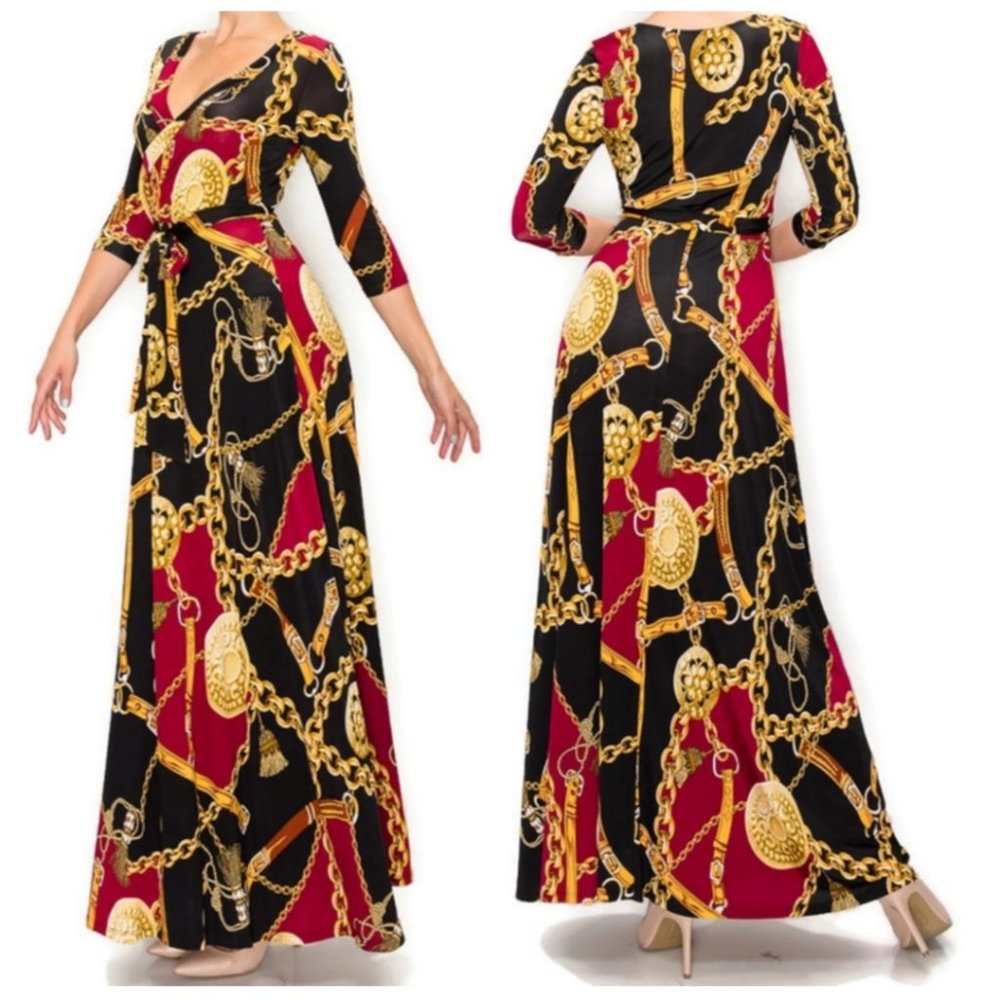 Janette Fashion Burgundy Gold Chain Buckle Tassel Faux Wrap Maxi Dress